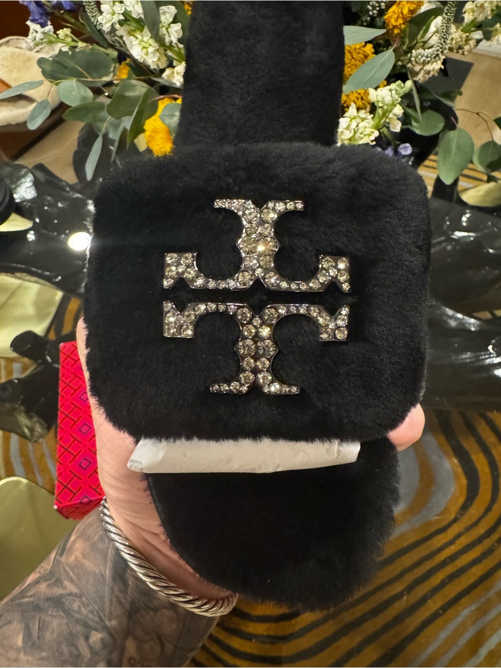 Tory Burch Black Fur Slide with Crystal Logo